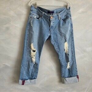 Levis Medium Wash Tilted 504 Crop Capri Cuffed Distressed Denim Sz 9